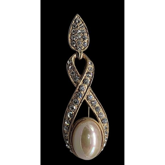 Designer High End Brooch Irridescent Glossy Faux Mabe Pearl Rhinestones Vintage - Picture 6 of 9